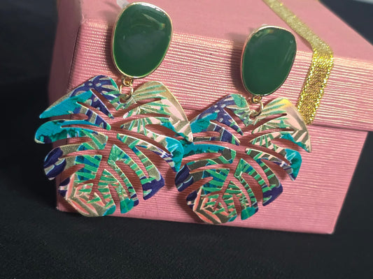 Bold Green Leaf Statement Earrings - Lightweight Acrylic Design